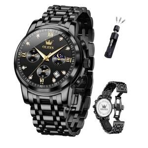 OLEVS 2858 Men's Black Stainless Steel Chronograph Watch Roman Numerals NEW Box